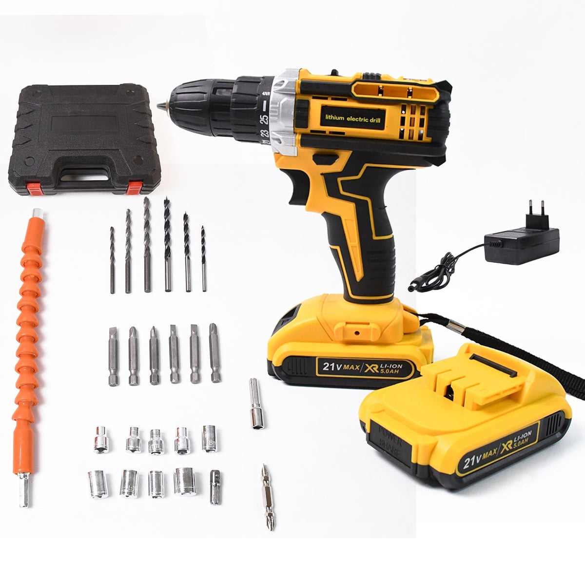 PowerXpert 21V cordless drill set with two batteries and 29 accessories, ready for use.