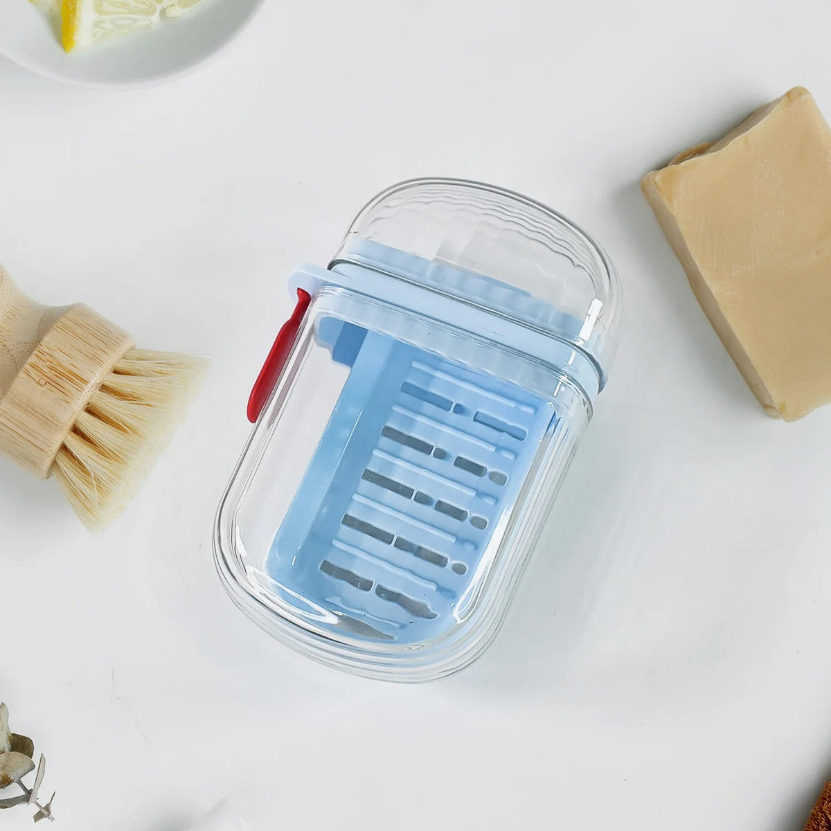 Light blue soap box securely closed with lock clip