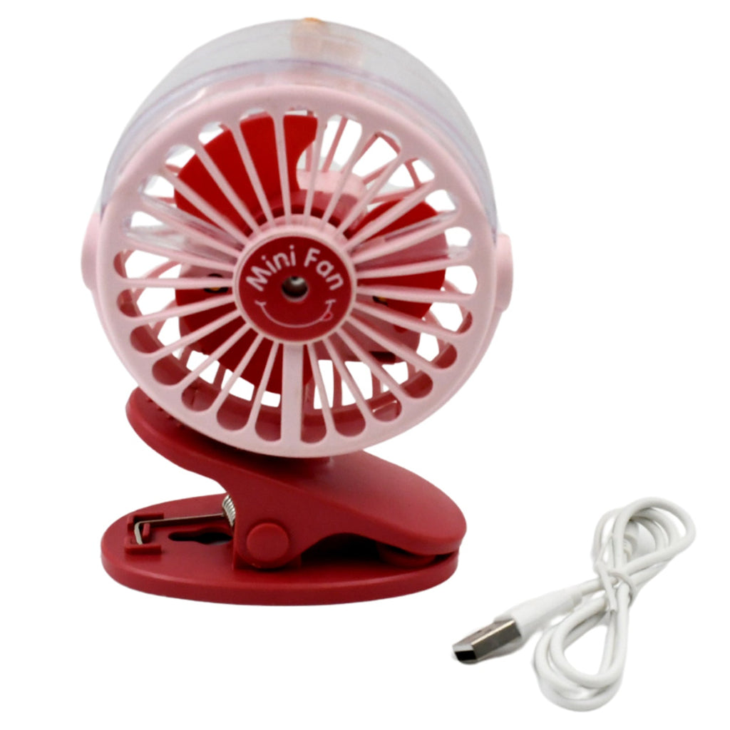 The compact clip-on fan with its refreshing spray mist feature activated.