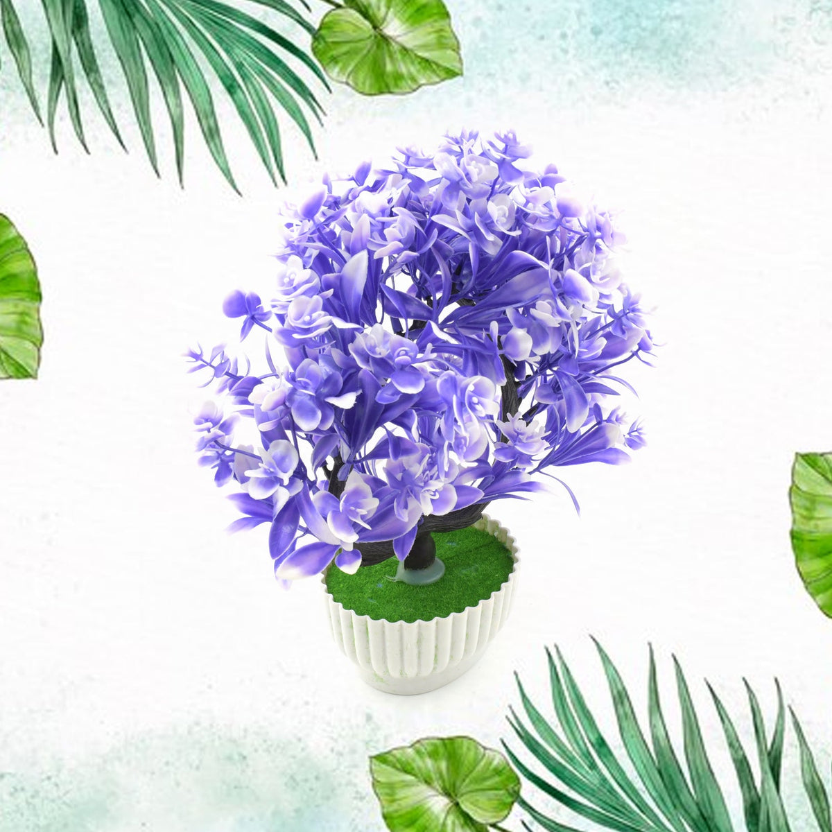 Front view of the compact artificial flower plant in its pot, ideal for tabletop decoration.