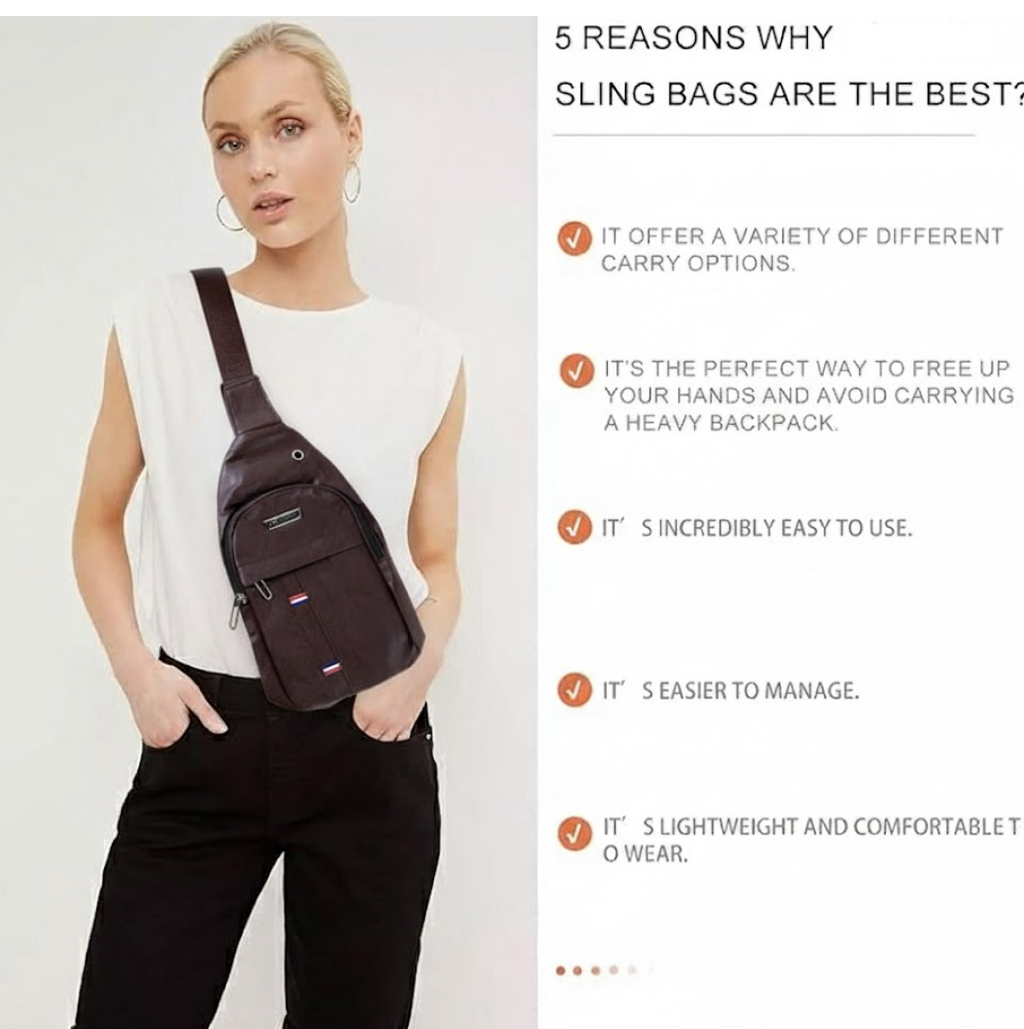 A woman wearing a white shirt and black pants with a brown leather sling bag across her chest.
