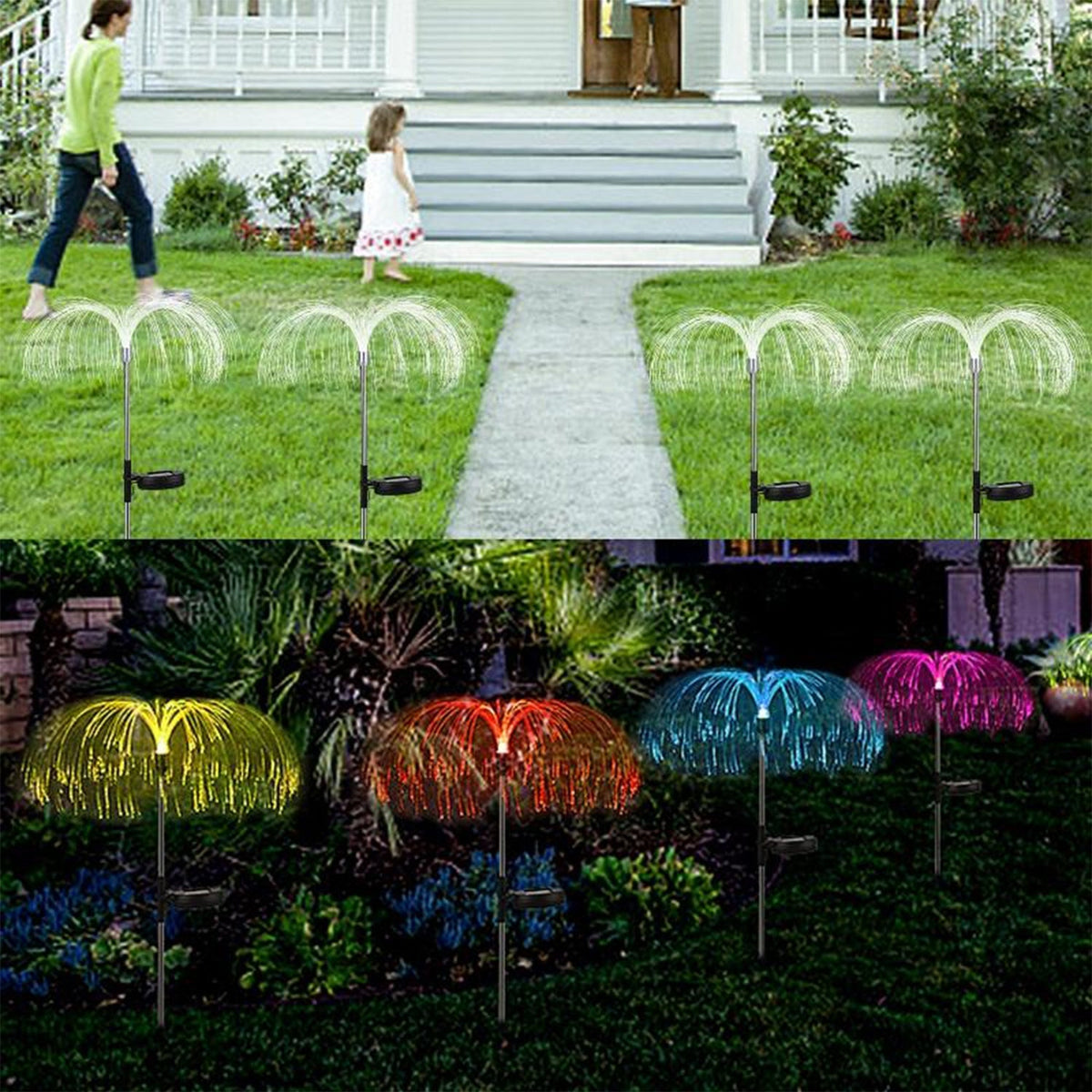 Close-up of solar garden lights creating jellyfish firework effect in outdoor decor