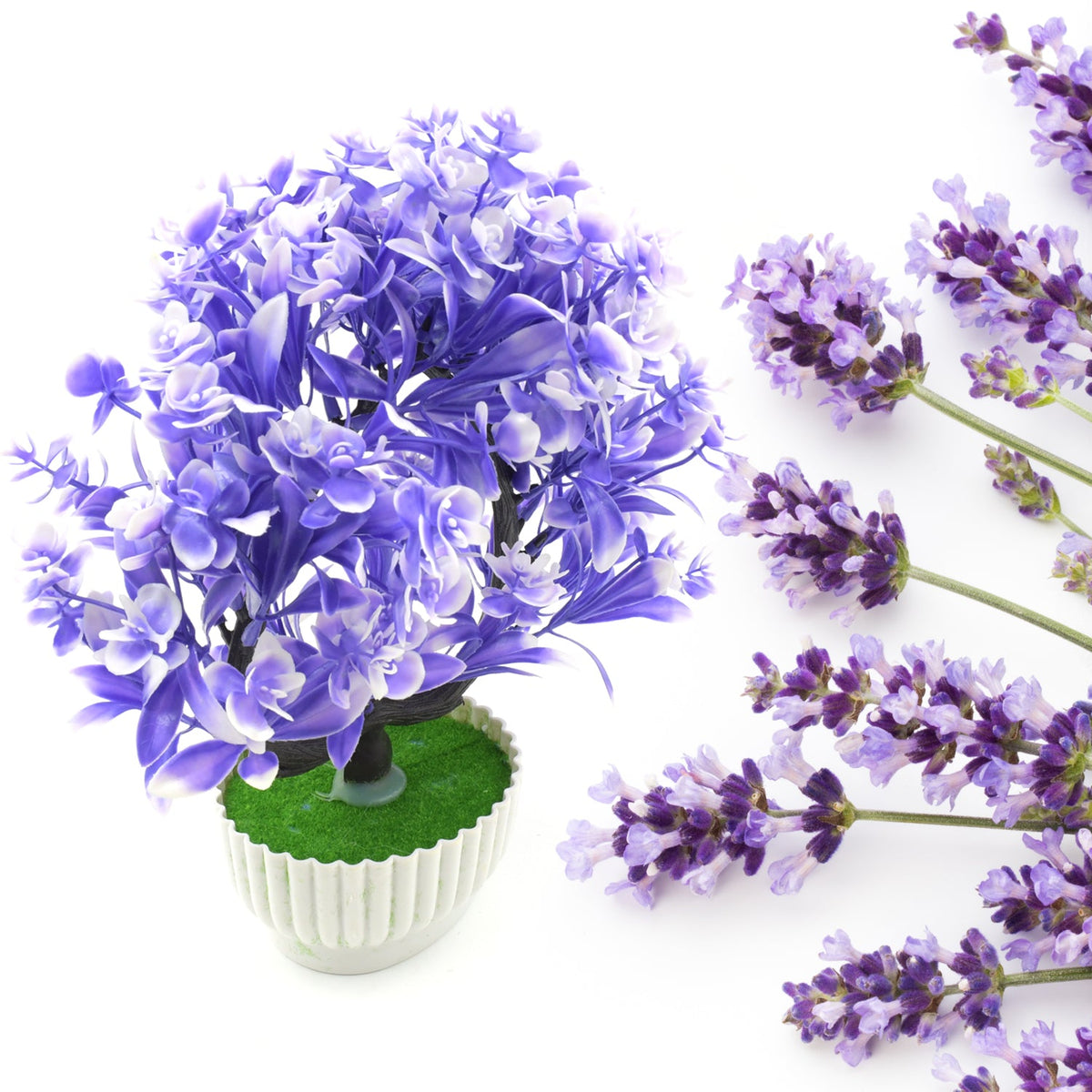 Artificial plant with a white pot placed on a modern shelf, complementing other decor items in a living room.
